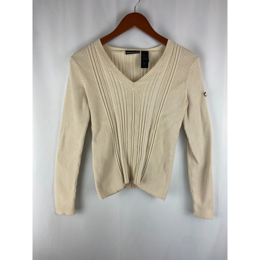 DKNY Jeans Women's Large Cream Ribbed V Neck Sweater Stretch 100% Cotton Casual